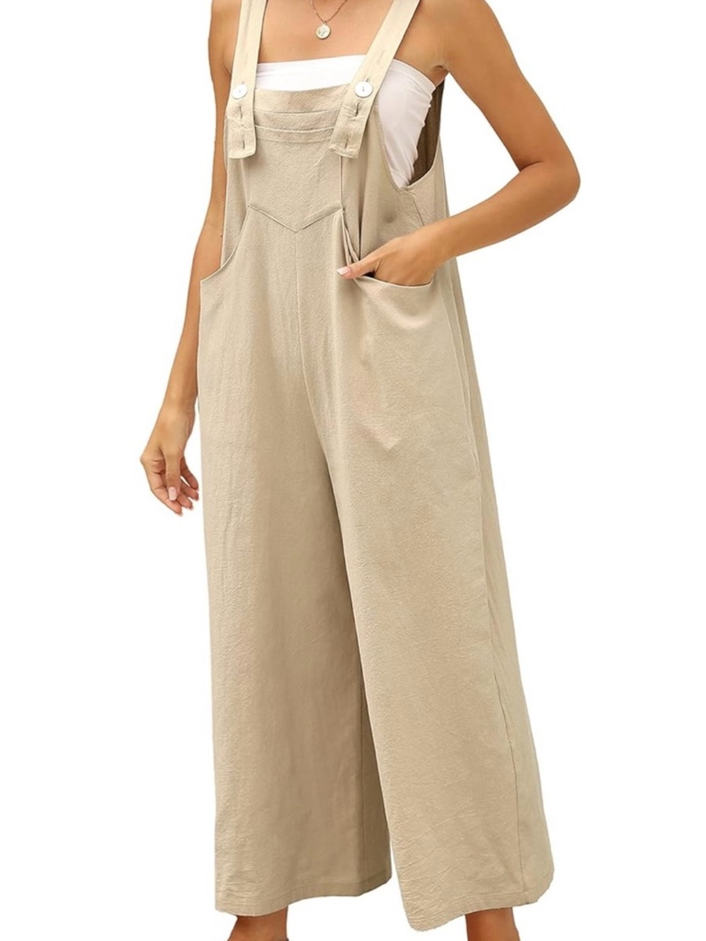 NWT Cotton Linen Blend Bib Overalls Baggy Wide-Leg Adjustable Straps - Khaki